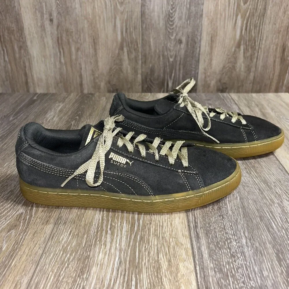 Puma Classic Casual Suede Black Gold Foil Laces Mens US Size 8 361856-04 Shoes